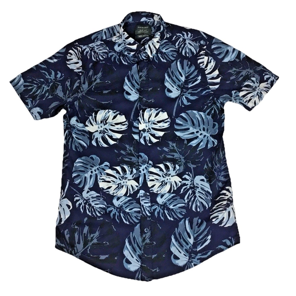 Primark Mens Large Slim Fit Navy Blue Monstera Leaf Tropical Button Up Shirt L